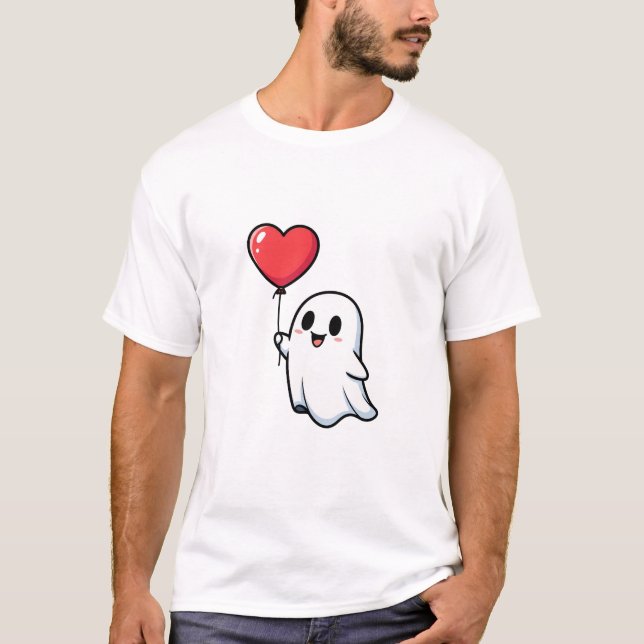 Cute Smiling Cartoon Ghost Holding Red Heart T-Shirt (Front)