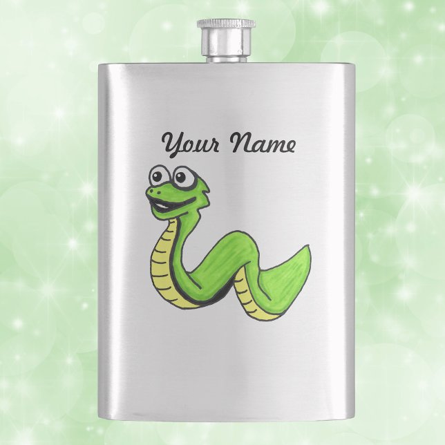 Cute Smiling Cartoon Green Yellow Snake Hip Flask (Fun smiling green yellow snake big eyes on silver drinking flask.)