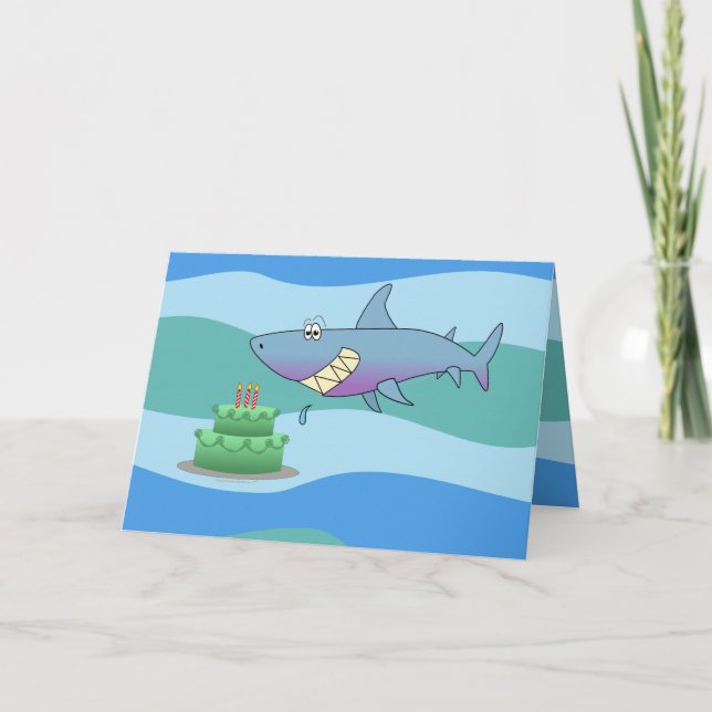Cute Smiling Cartoon Shark With Cake Birthday Card (Front)