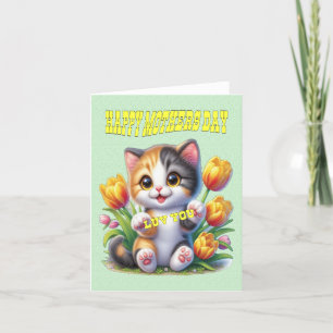 Cute smiling cat wishing happy mothers day holiday card