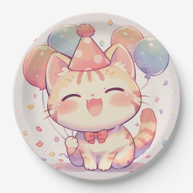 Cute Smiling Cat with Balloons Birthday Paper Plat Plate (Front)