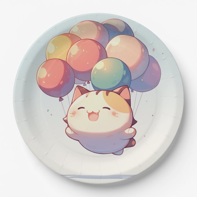 Cute Smiling Cat with Balloons Birthday Paper Plat Plate (Front)