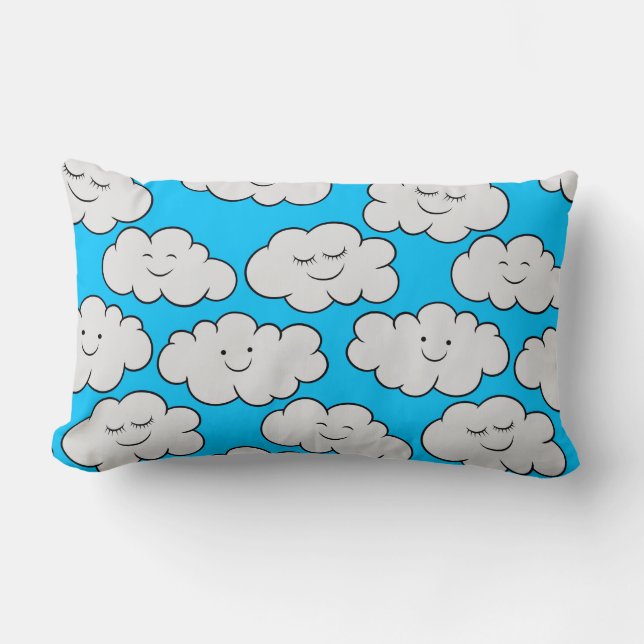 Cute Smiling Clouds on a Bright Blue Background Lumbar Cushion (Front)