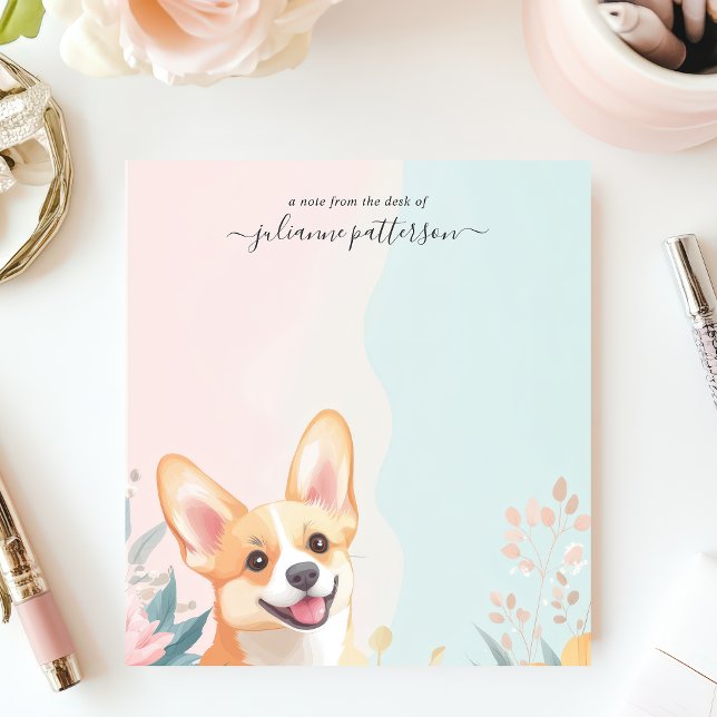 Cute Smiling Corgi Dog Floral Personalised Name Notepad (Creator Uploaded)