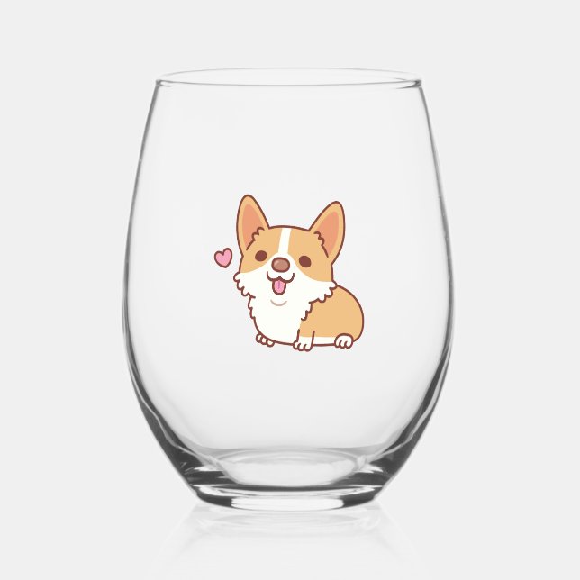 Cute Smiling Corgi Dog Stemless Wine Glass (Front)