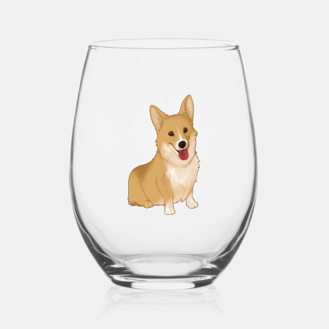 Cute smiling corgi  stemless wine glass (Front)