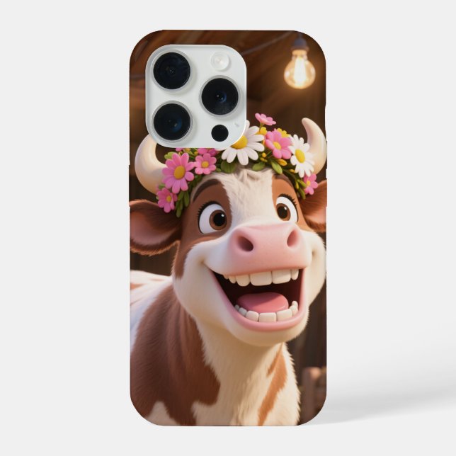 Cute Smiling Cow with Flower Crown Aesthetic iPhone Case (Back)