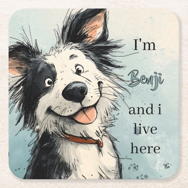 Cute Smiling Dog Illustration with Custom Name Square Paper Coaster (Front)