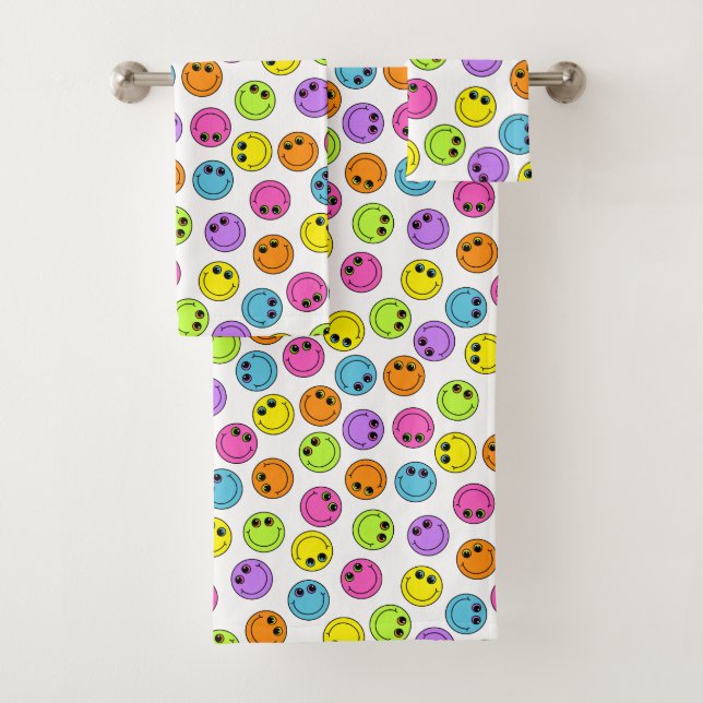 Cute Smiling Emoji Faces Colourful Bath Towel Set (Insitu)