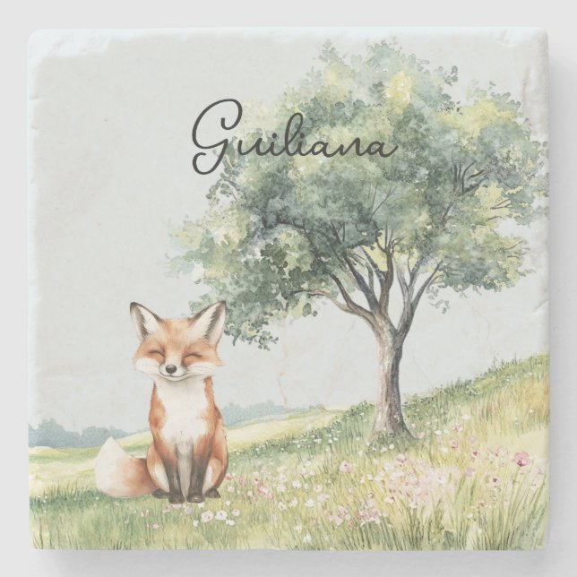 Cute Smiling Fox Field of Flowers Tree Stone Coaster (Front)