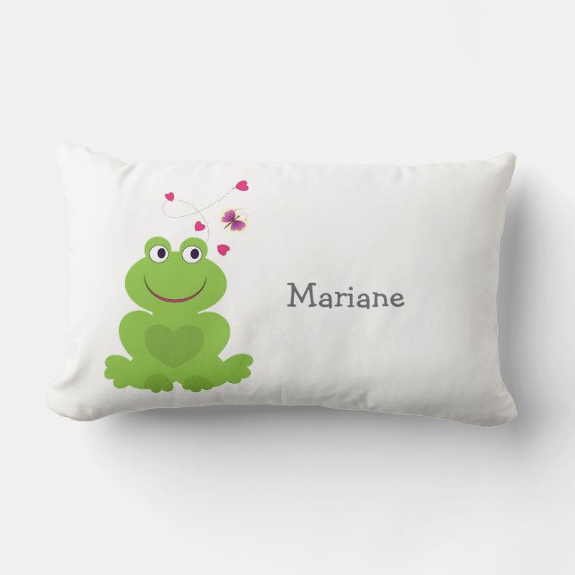 Cute smiling frog with hearts and butterfly lumbar cushion (Front)