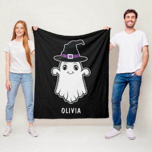 Cute Smiling Ghost Wearing A Witch Hat Halloween Fleece Blanket
