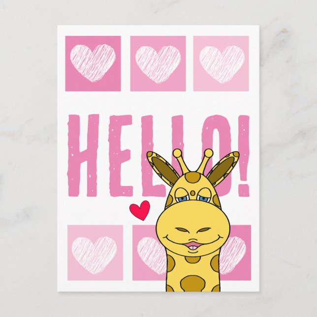 Cute Smiling Giraffe With Hearts Pink Hello Postcard (Front)