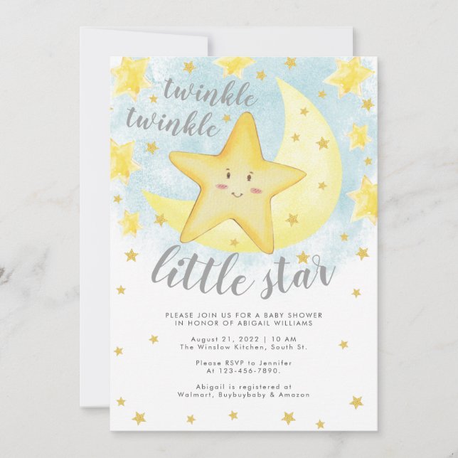 Cute Smiling Gold Twinkle Little Star Baby Shower Invitation (Front)