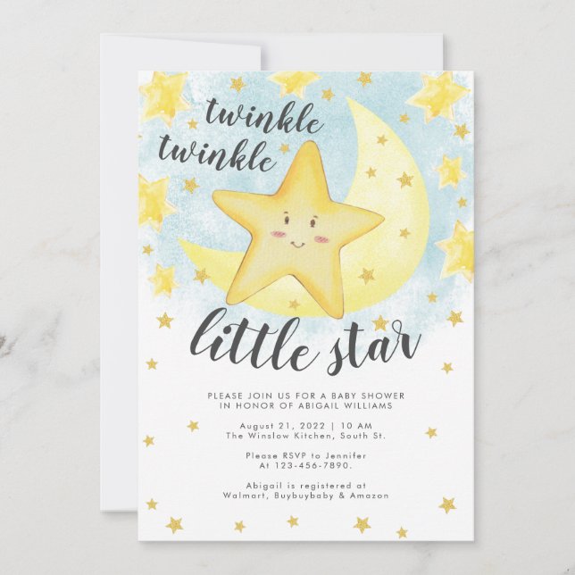 Cute Smiling Gold Twinkle Little Star Baby Shower Invitation (Front)