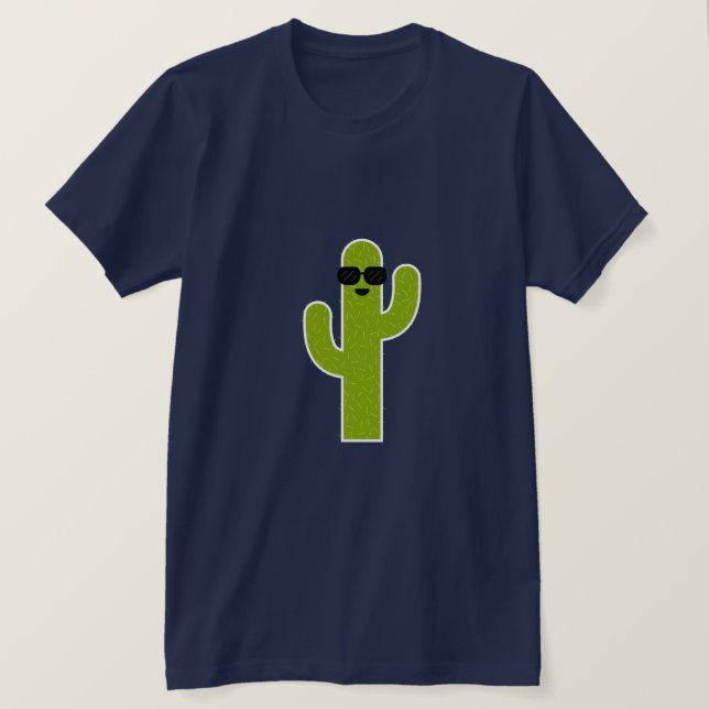 Cute Smiling Green Cactus Wearing Sunglasses T-Shirt (Design Front)