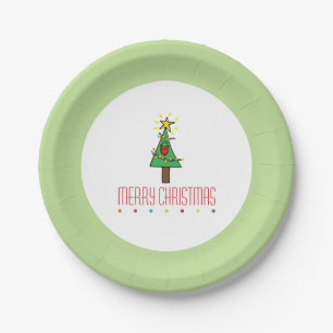 Cute Smiling Green Merry Christmas Tree Cartoon Paper Plate
