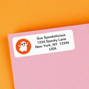 Cute Smiling Halloween Ghost Orange Circle Return Address Label