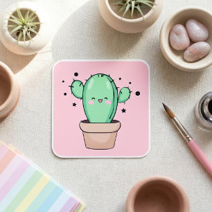 Cute smiling Kawaii Baby Cactus in vase with stars Square Sticker