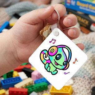 Cute Smiling Kawaii Baby Chameleon With Headphones Key Ring