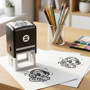 Cute Smiling Kawaii Baby Chameleon With Headphones Self-inking Stamp