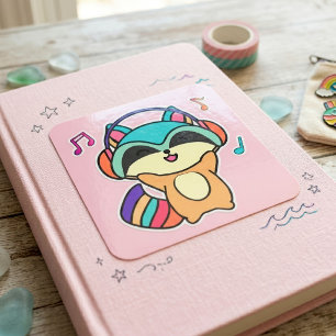 Cute smiling Kawaii Baby Racoon with Headphones Square Sticker