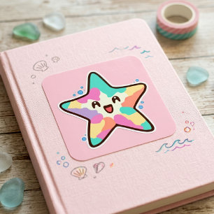 Cute Smiling Kawaii Baby Starfish with Bubbles Square Sticker