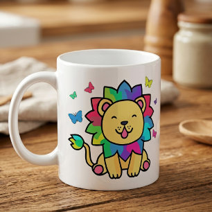 Cute smiling Kawaii Lion with Butterflies Cartoon Coffee Mug