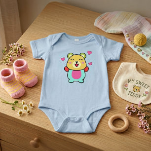 Cute smiling Kawaii Teddy Bear with Love Hearts Baby Bodysuit