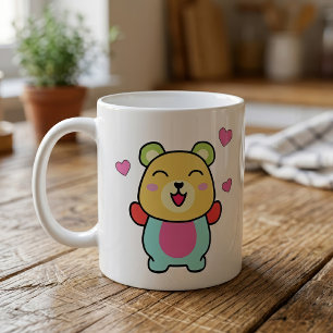 Cute smiling Kawaii Teddy Bear with Love Hearts Coffee Mug