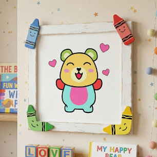 Cute smiling Kawaii Teddy Bear with Love Hearts Photo Print