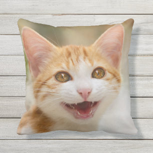 Cute Smiling Kitten Face Funny Cat Meow Photo Outdoor Cushion
