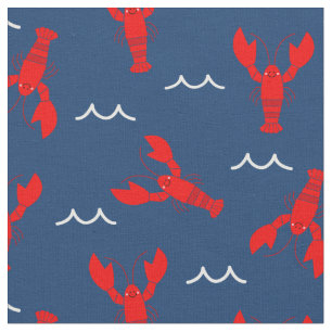 Cute Smiling Lobster on Navy Blue Fabric