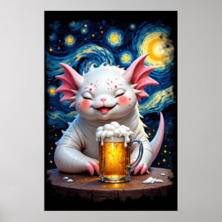 Cute smiling monster with a mug of beer and starry poster