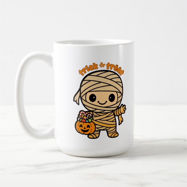 Cute Smiling Mummy Kid with Pumpkin Candy Basket  Coffee Mug (Left)