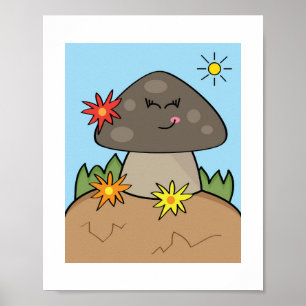 Cute Smiling Mushroom Sunny Woodland Art Poster