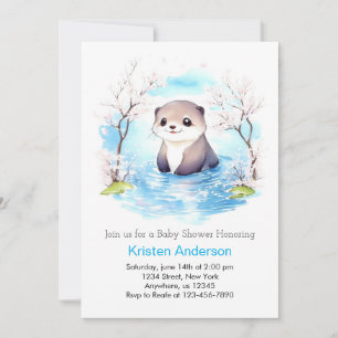 Cute Smiling Otter Blue Floral Boy Baby Shower Invitation