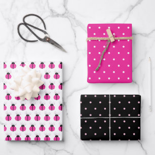 Cute Smiling Pink Polka Dot Ladybug Pattern Wrapping Paper Sheet