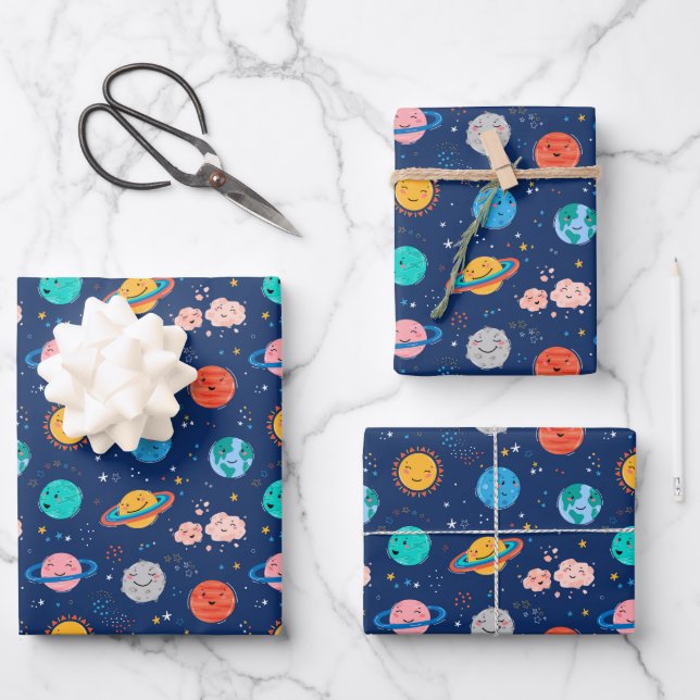 Cute Smiling Planet Pattern Wrapping Paper Sheet (Front)
