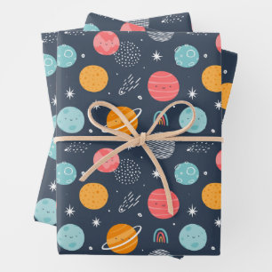 Cute Smiling Planet Pattern Wrapping Paper Sheet