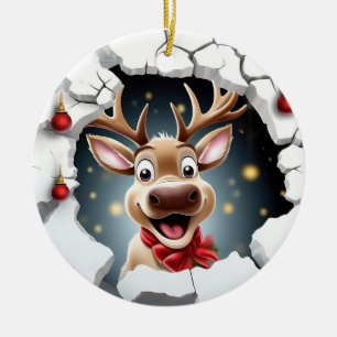 Cute smiling reindeer breaking through ceramic ornament