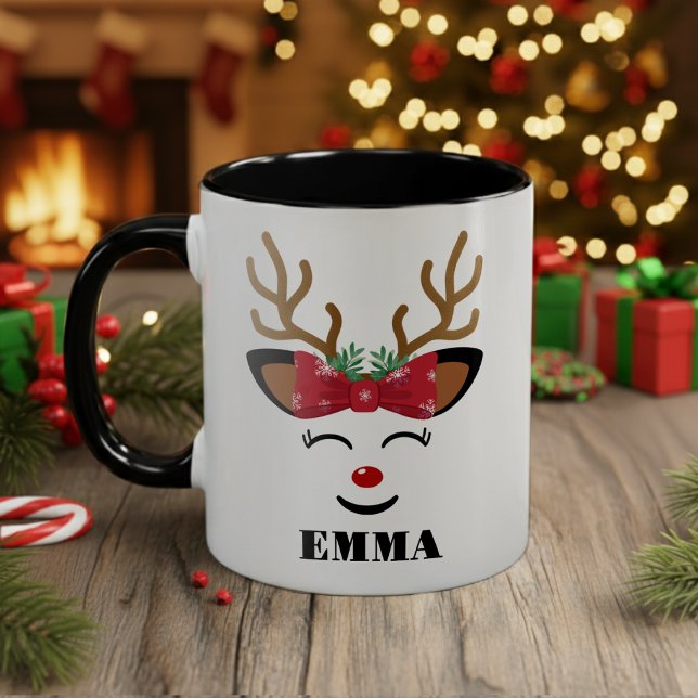 Cute Smiling Reindeer Face Christmas Two-Tone Coffee Mug (cute reindeer face holiday merry Christmas coffee mug)