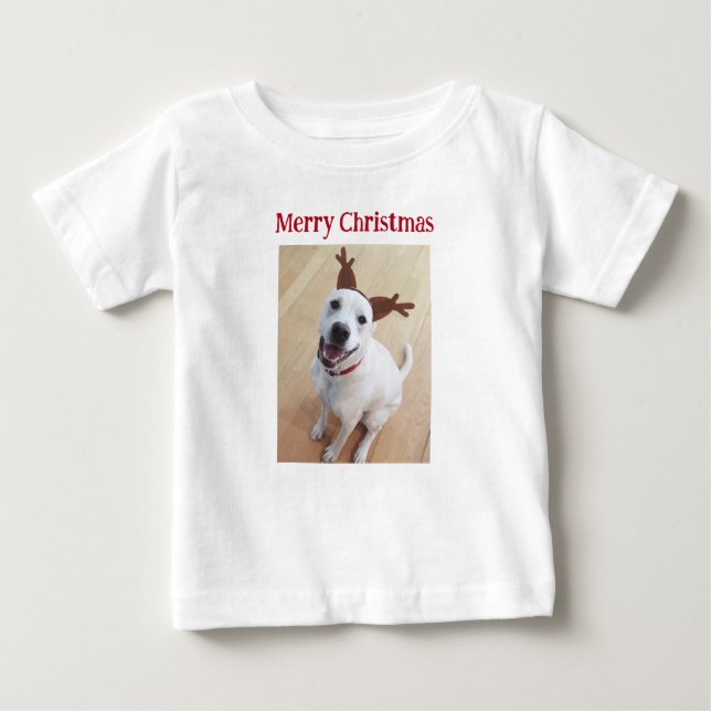 Cute Smiling Reindeer Puppy Dog Christmas Baby T-Shirt (Front)