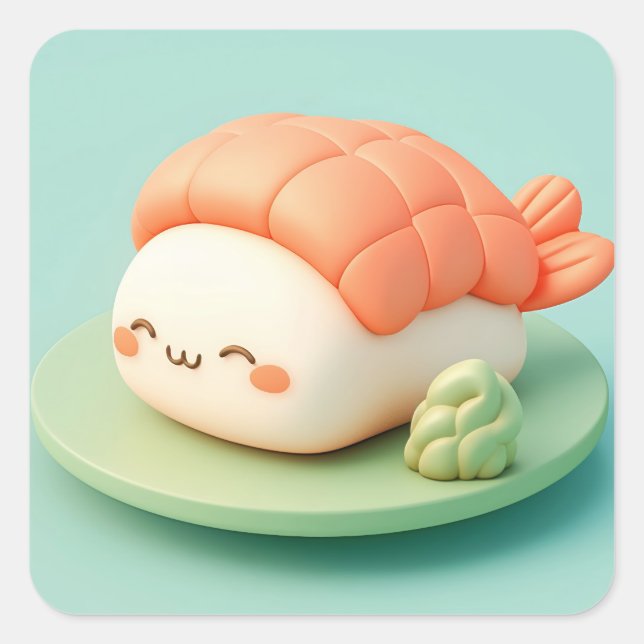 Cute Smiling Shrimp Sushi and Wasabi Square Sticker (Front)