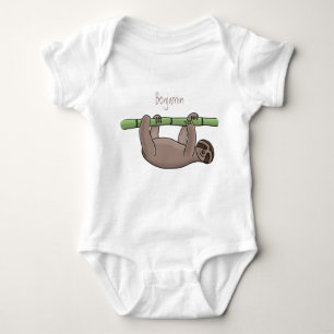 Cute smiling sloth on bamboo cartoon illustration baby bodysuit