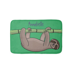 Cute smiling sloth on bamboo cartoon illustration bath mat