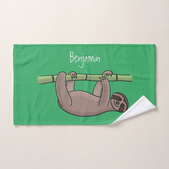 Cute smiling sloth on bamboo cartoon illustration bath towel set (Hand Towel)