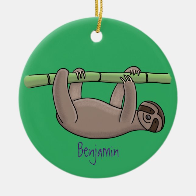 Cute smiling sloth on bamboo cartoon illustration ceramic ornament (Front)
