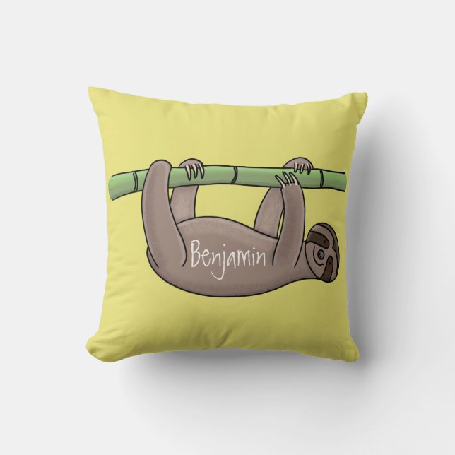 Cute smiling sloth on bamboo cartoon illustration cushion (Front)