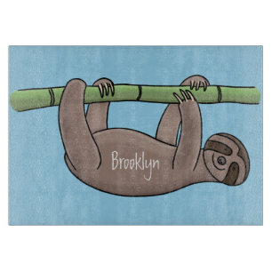 Cute smiling sloth on bamboo cartoon illustration cutting board